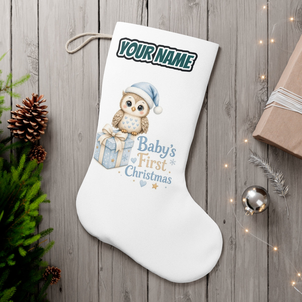 Baby Owl First Christmas personalised Christmas stocking, white, with the name across the top