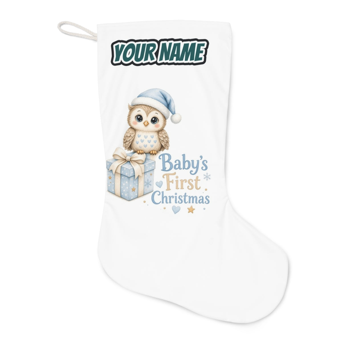Baby Owl First Christmas Christmas stocking laid flat, showing the full print