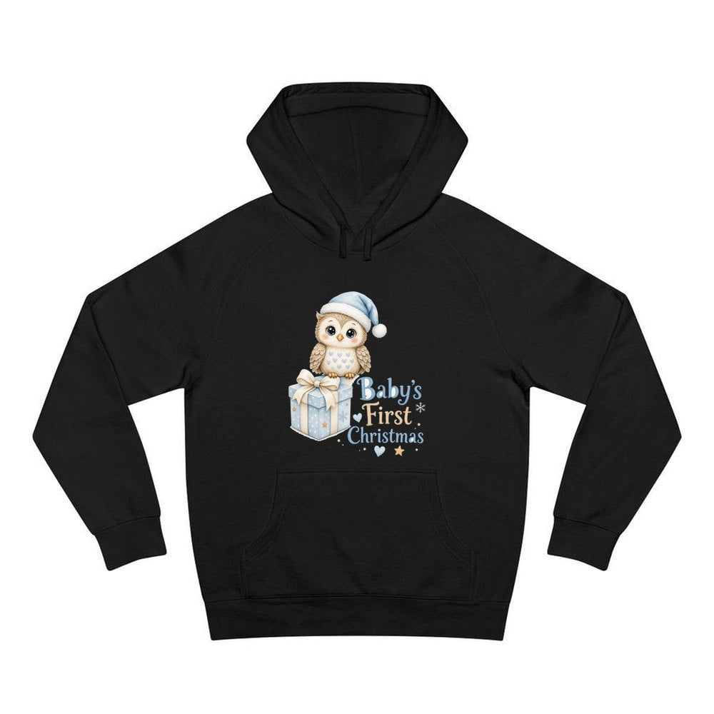 Baby Owl First Christmas personalised Christmas hoodie in black