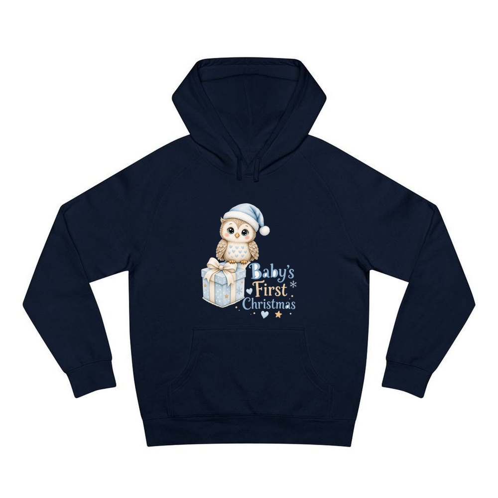 Baby Owl First Christmas personalised Christmas hoodie in navy