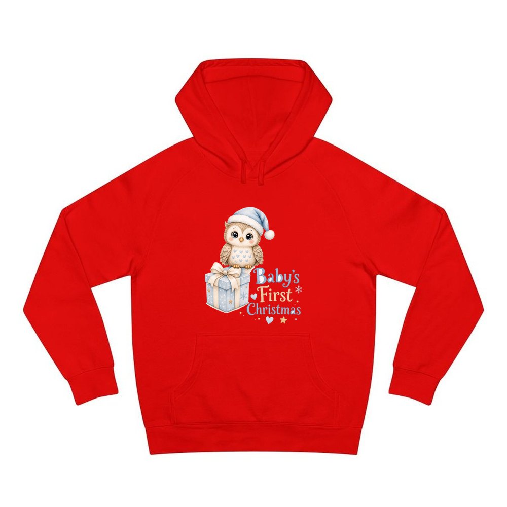 Baby Owl First Christmas personalised Christmas hoodie in red