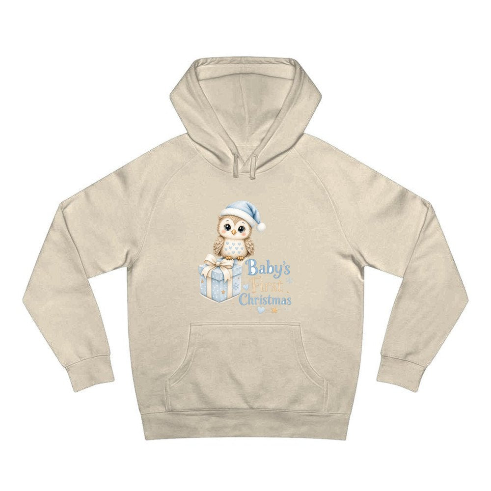 Baby Owl First Christmas personalised Christmas hoodie in sand