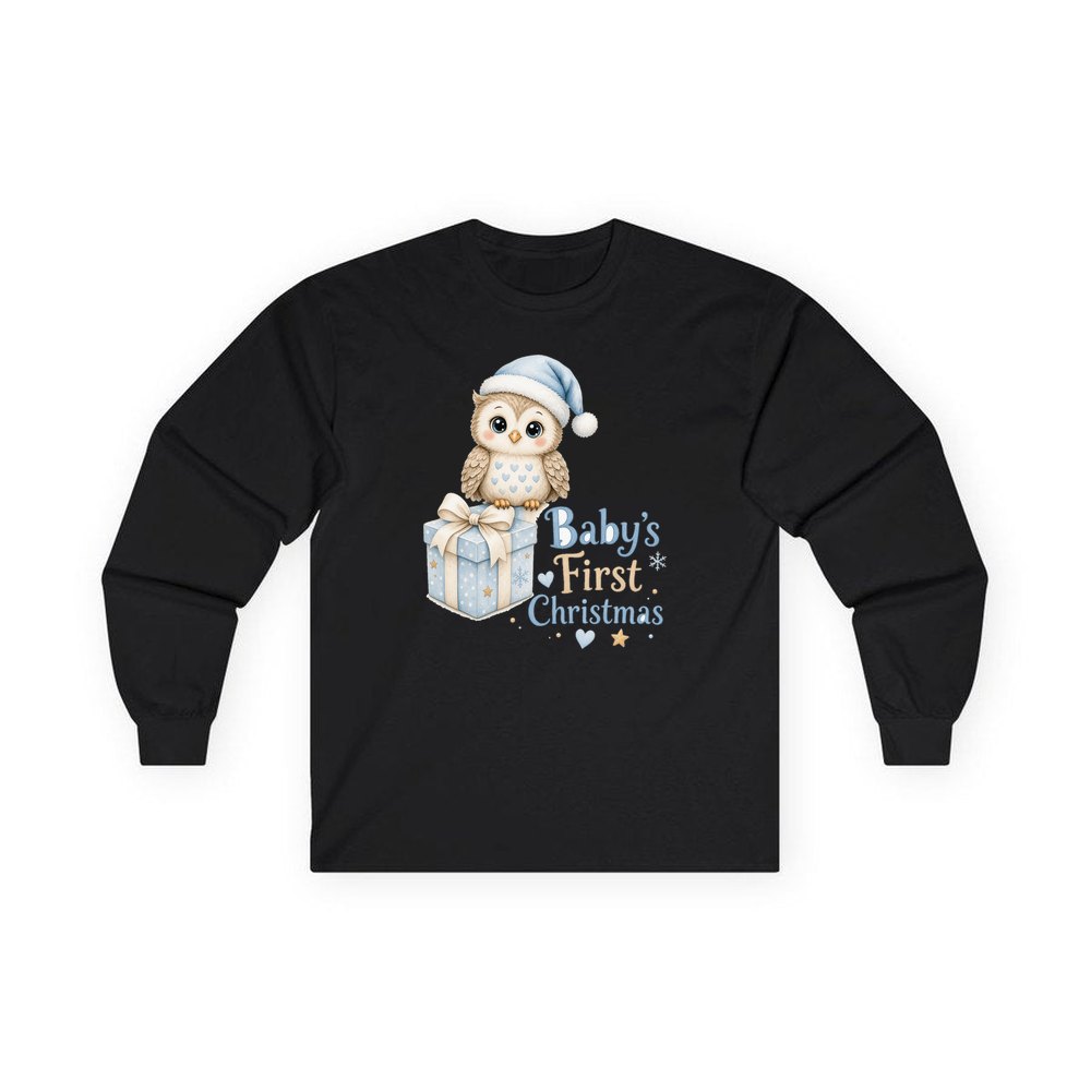 Baby Owl First Christmas personalised long sleeve Christmas T-shirt in black