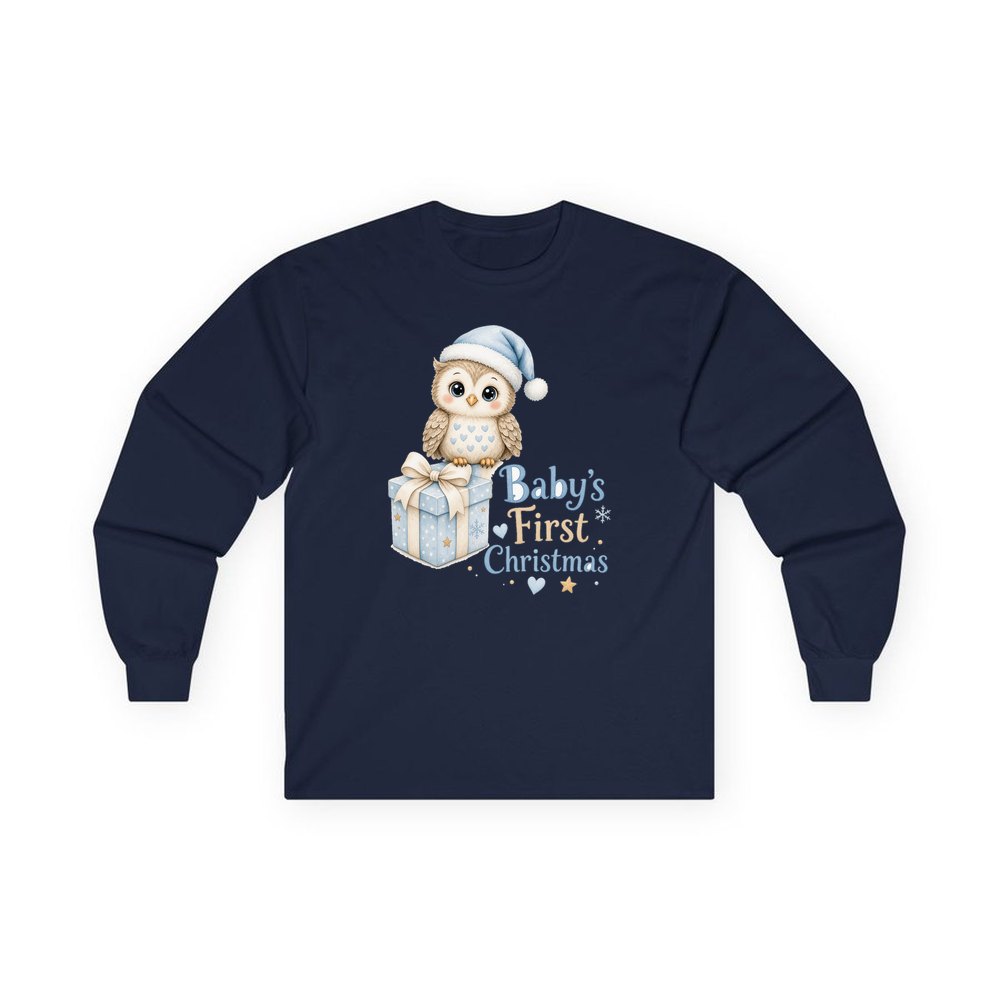 Baby Owl First Christmas personalised long sleeve Christmas T-shirt in navy