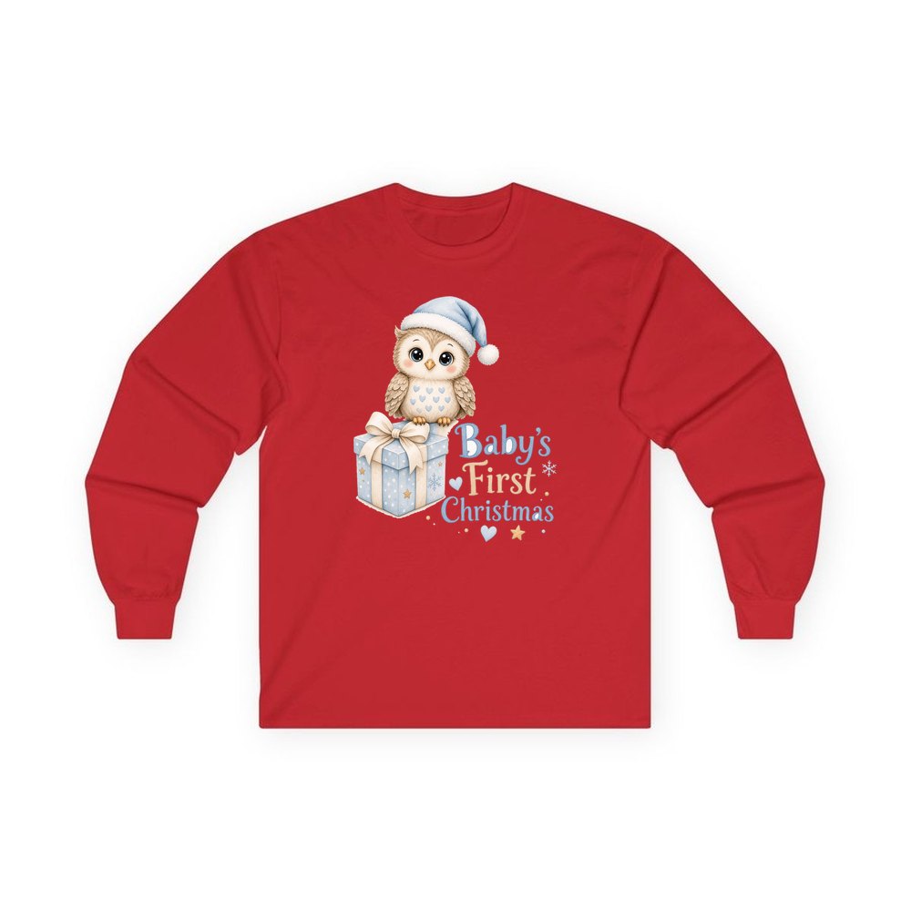 Baby Owl First Christmas personalised long sleeve Christmas T-shirt in red