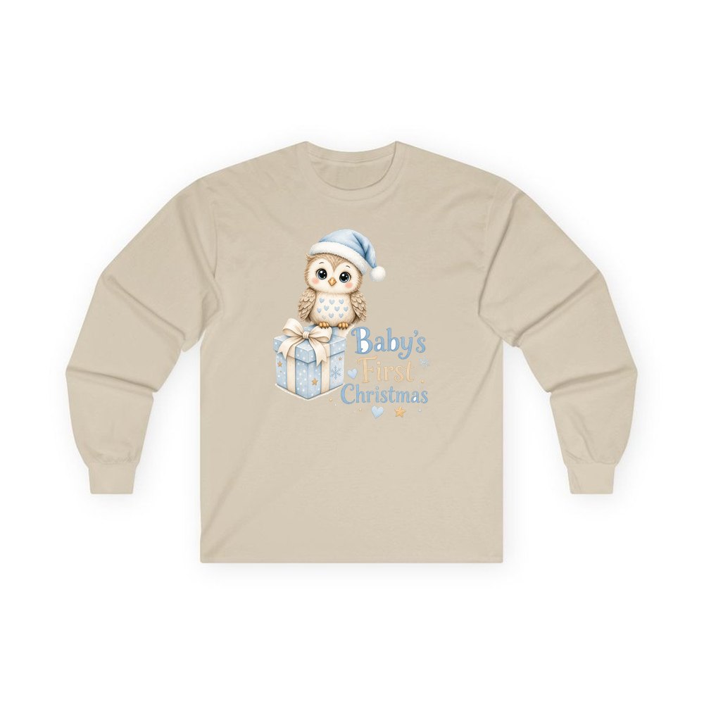 Baby Owl First Christmas personalised long sleeve Christmas T-shirt in sand