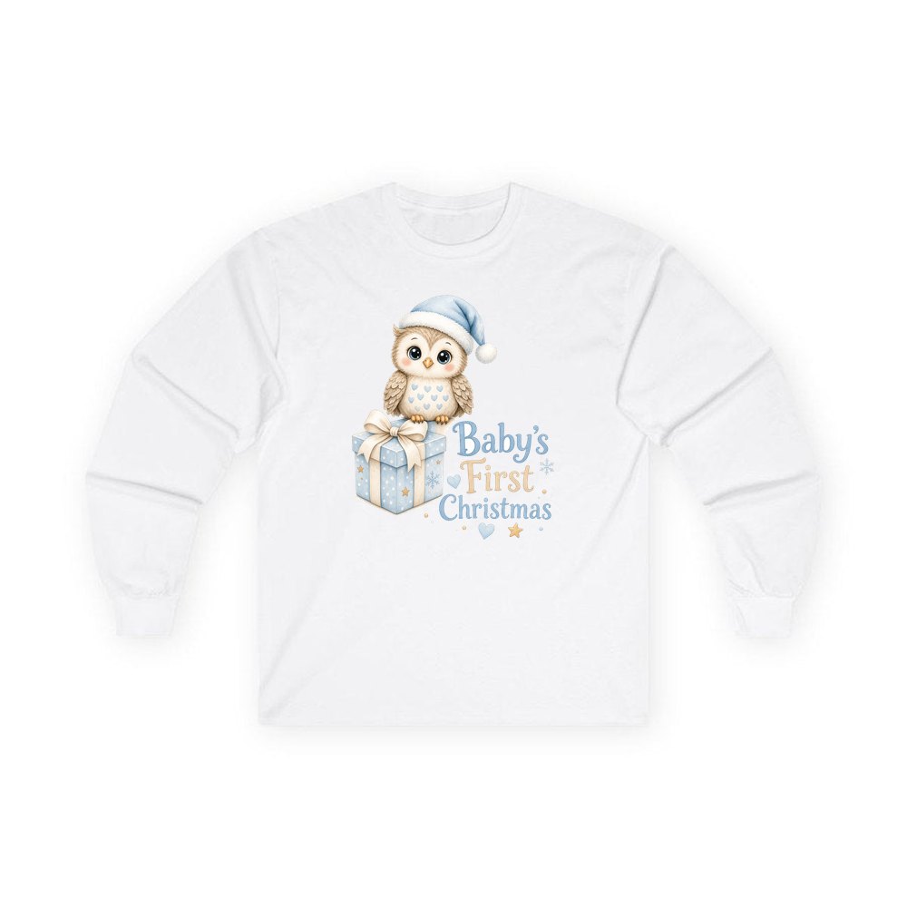 Baby Owl First Christmas personalised long sleeve Christmas T-shirt in white