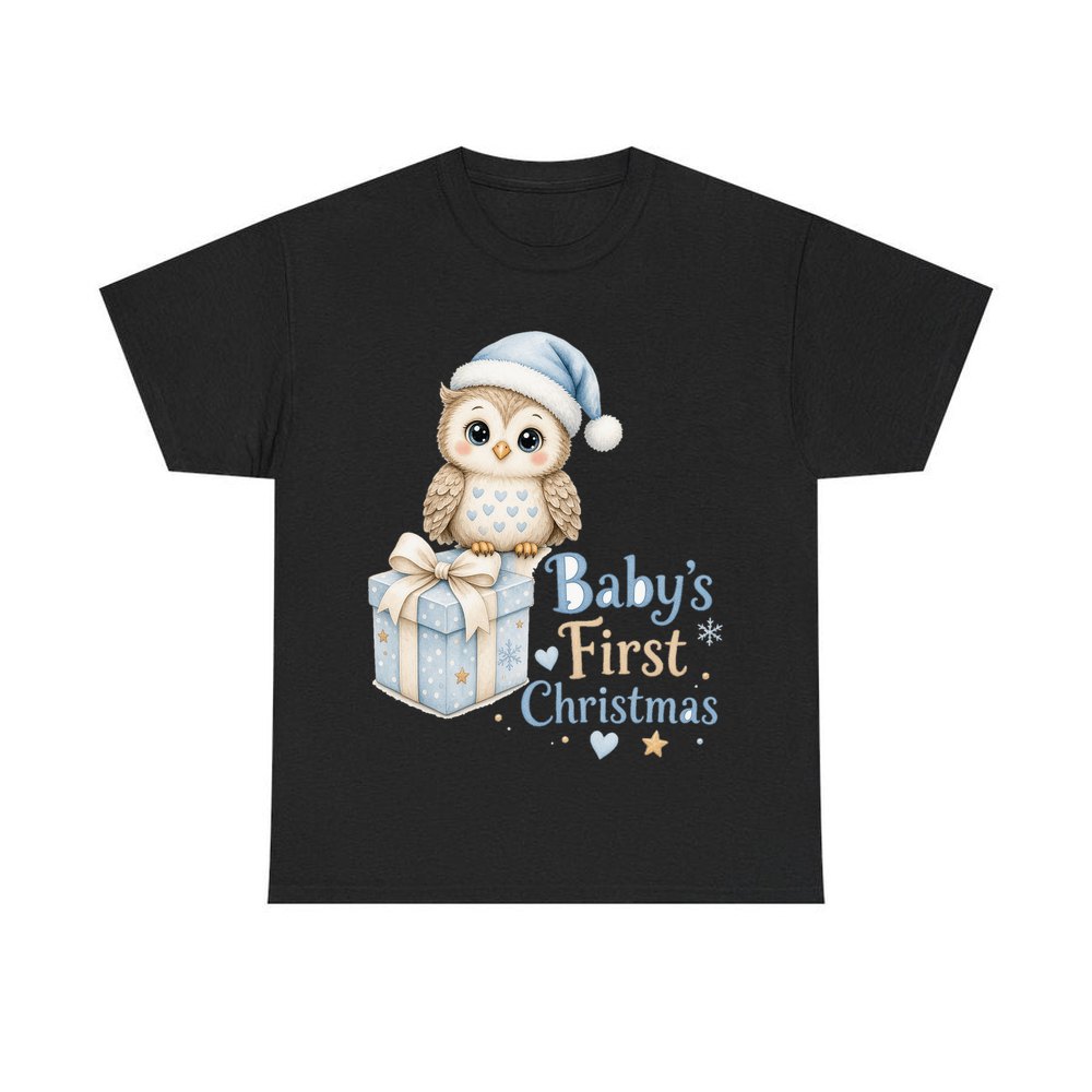 Baby Owl First Christmas personalised Christmas T-shirt in black