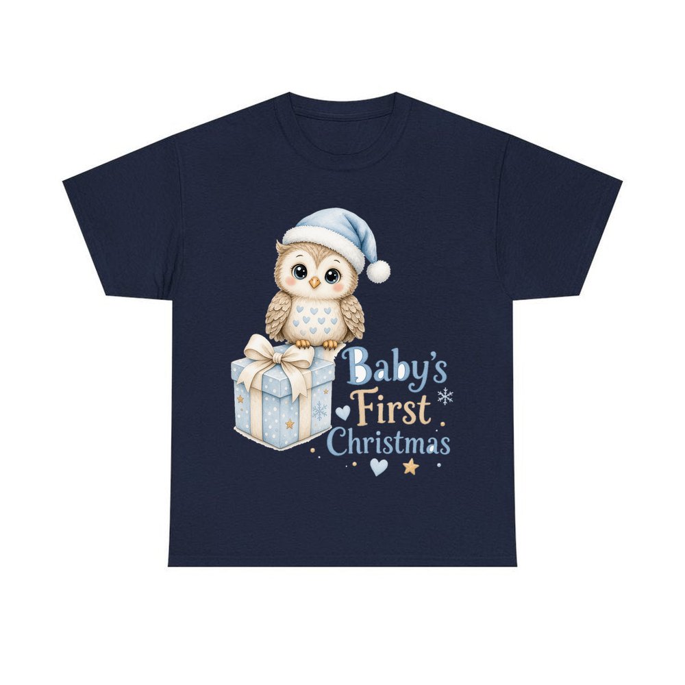 Baby Owl First Christmas personalised Christmas T-shirt in navy