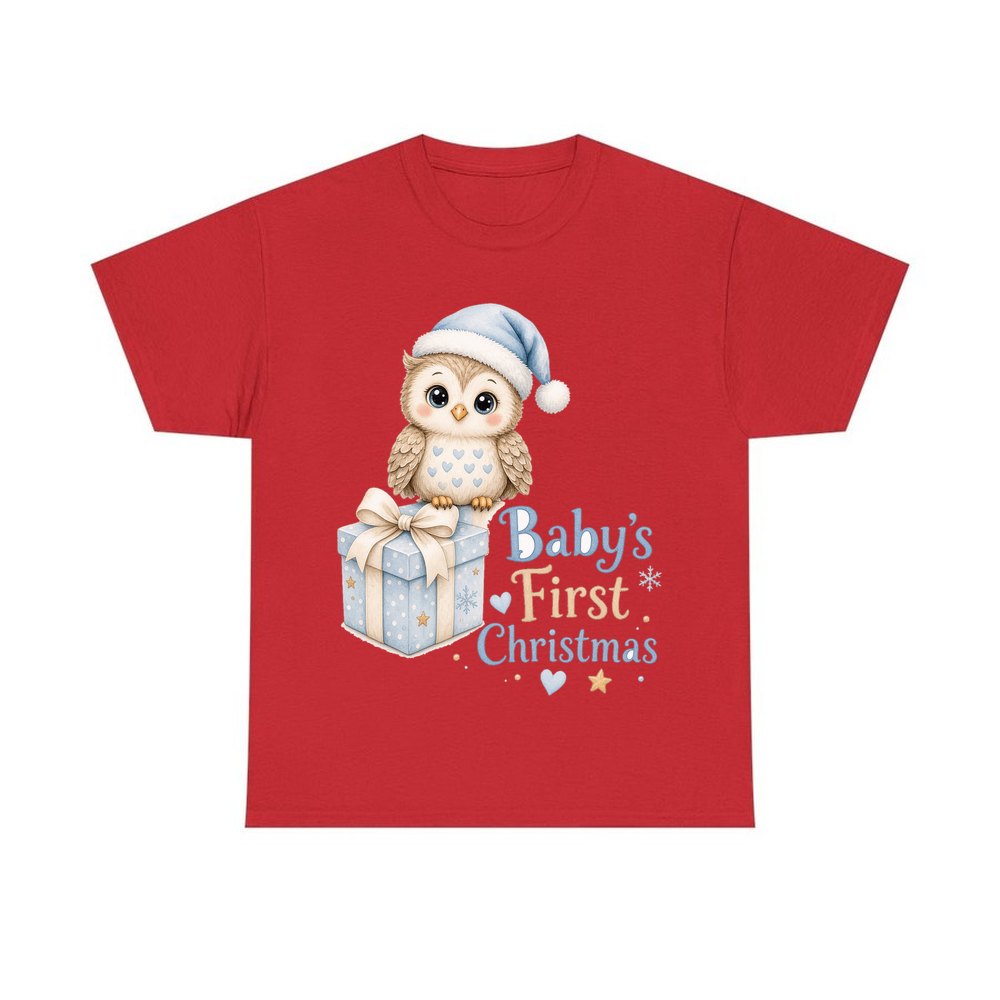 Baby Owl First Christmas personalised Christmas T-shirt in red