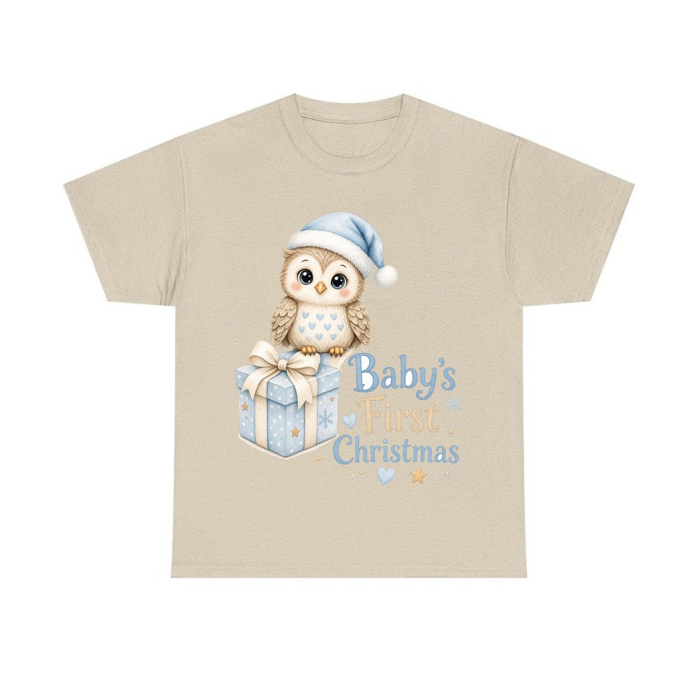 Baby Owl First Christmas personalised Christmas T-shirt in sand