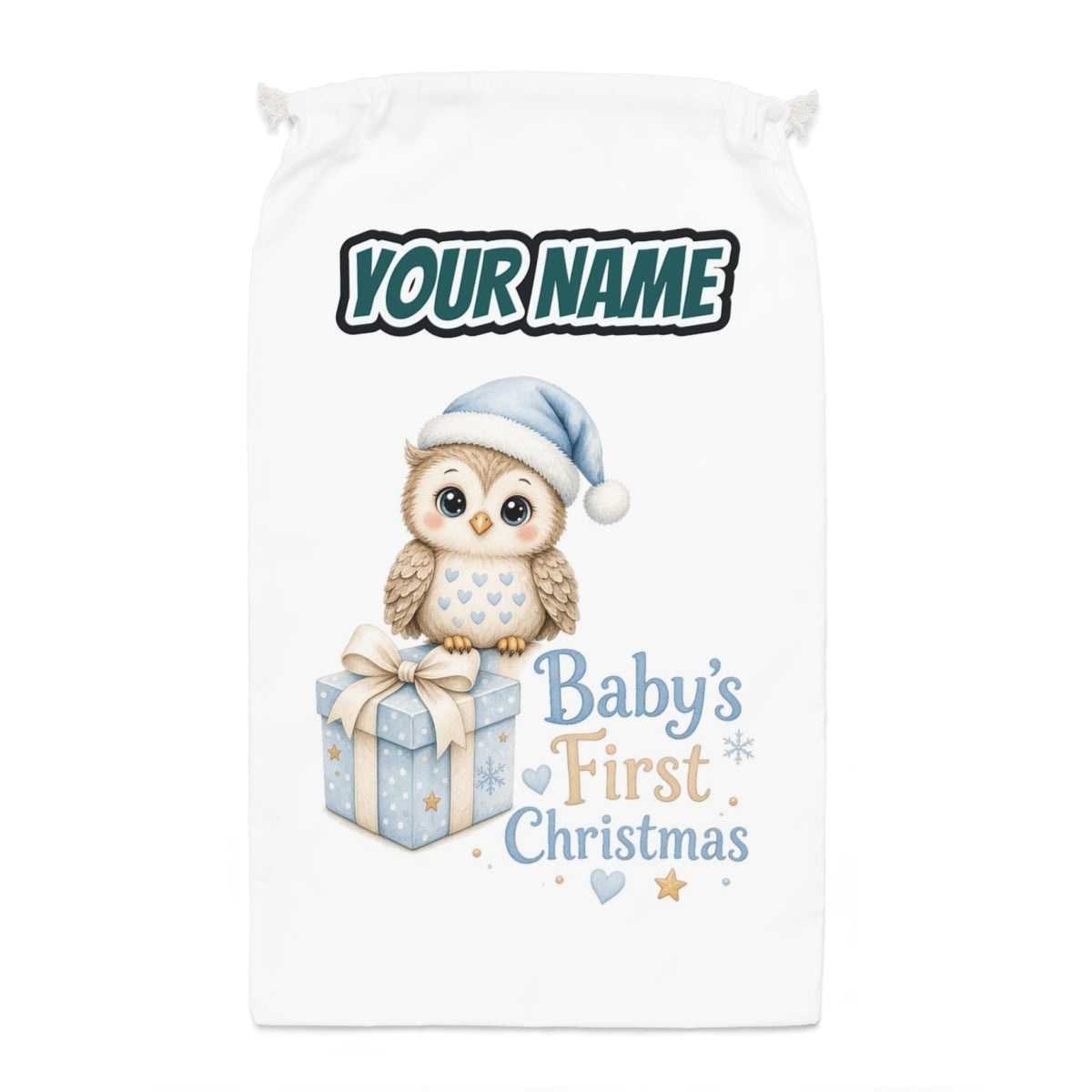 Baby Owl First Christmas Santa sack laid flat, showing the full print