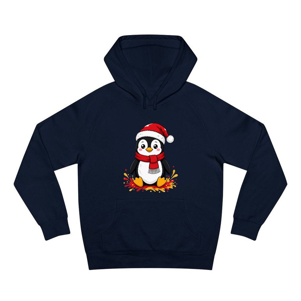 Baby Penguin in Santa Hat personalised Christmas hoodie in navy