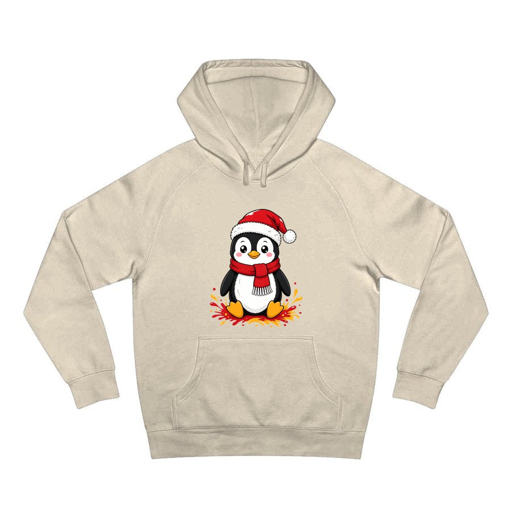 Baby Penguin in Santa Hat personalised Christmas hoodie in sand