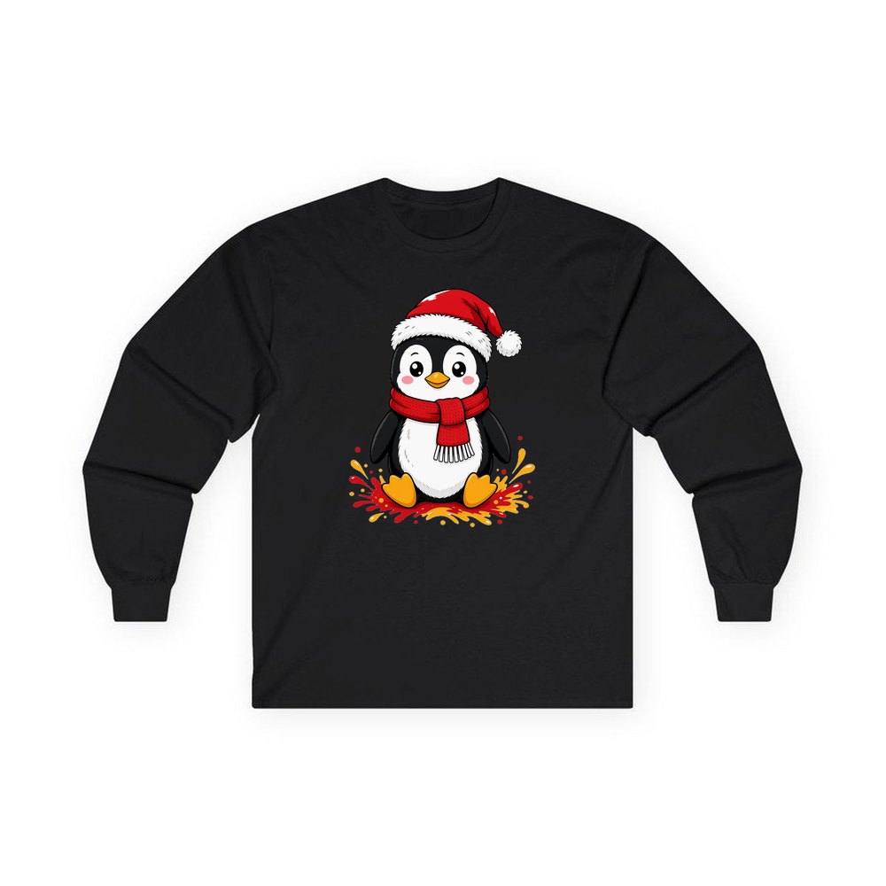 Baby Penguin in Santa Hat personalised long sleeve Christmas T-shirt in black