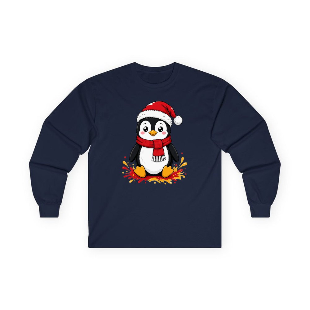 Baby Penguin in Santa Hat personalised long sleeve Christmas T-shirt in navy