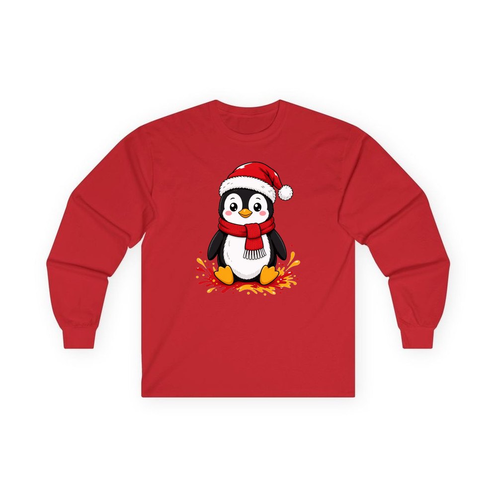 Baby Penguin in Santa Hat personalised long sleeve Christmas T-shirt in red