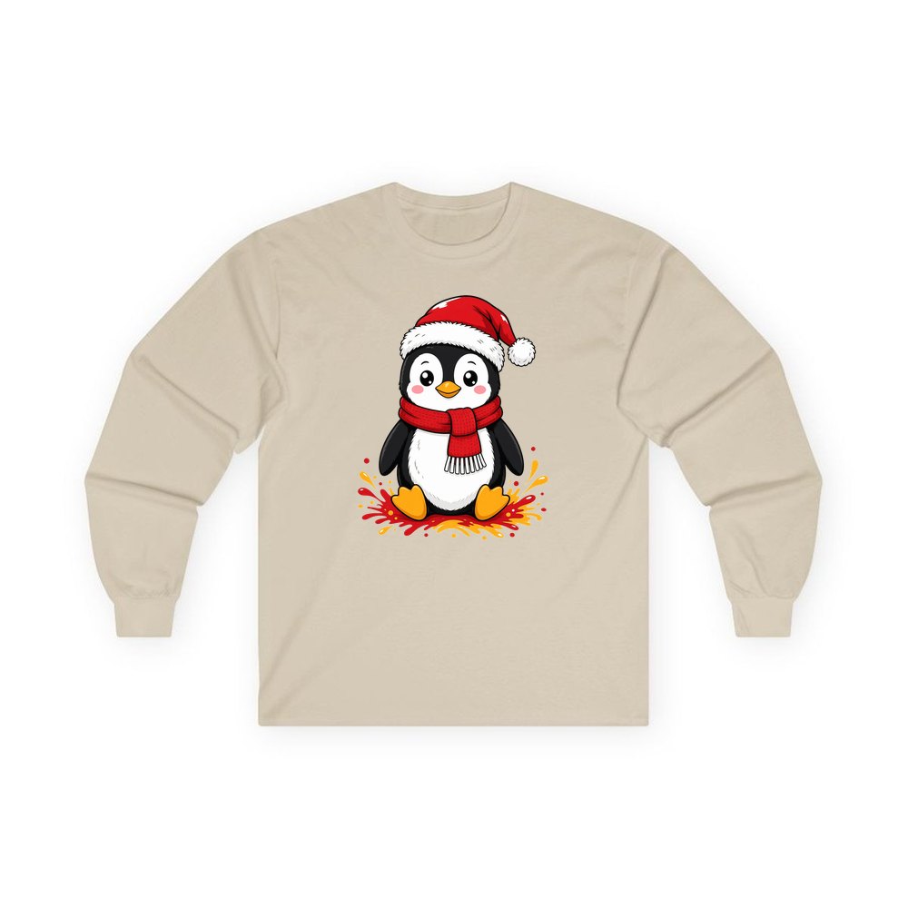 Baby Penguin in Santa Hat personalised long sleeve Christmas T-shirt in sand