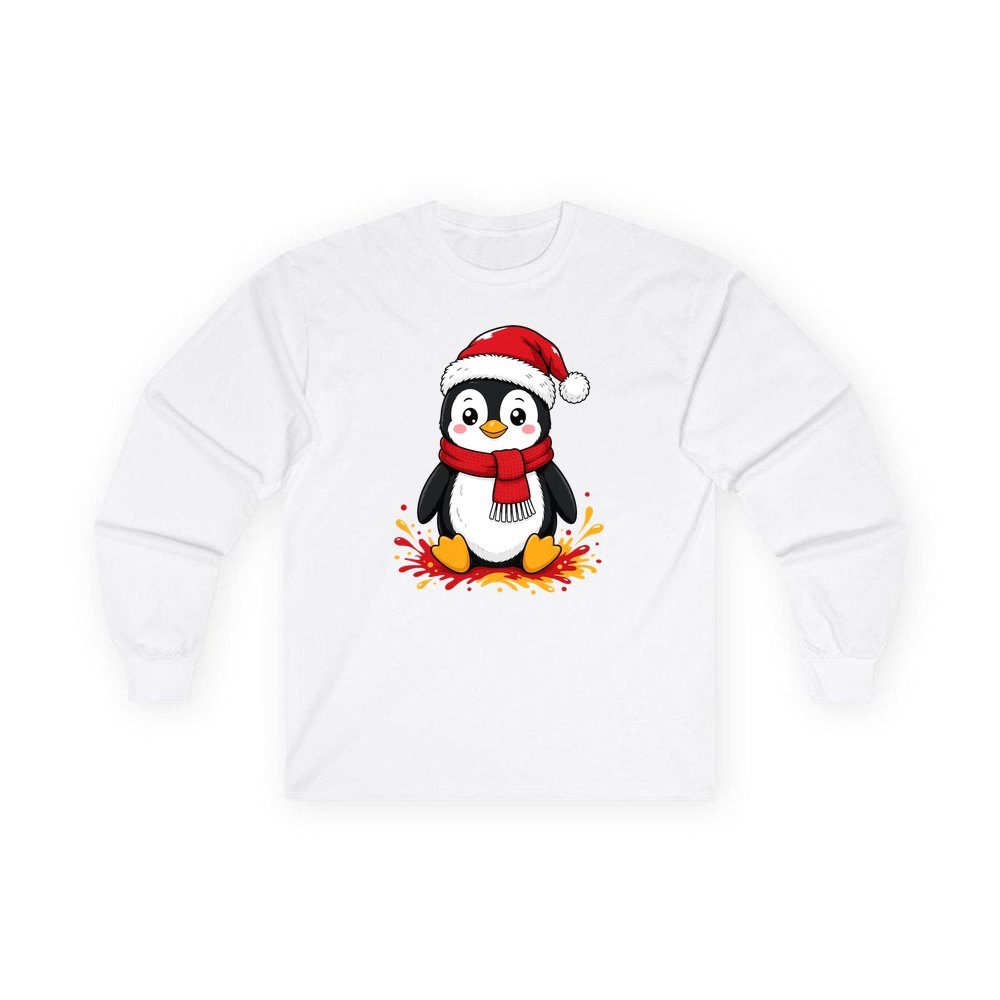 Baby Penguin in Santa Hat personalised long sleeve Christmas T-shirt in white