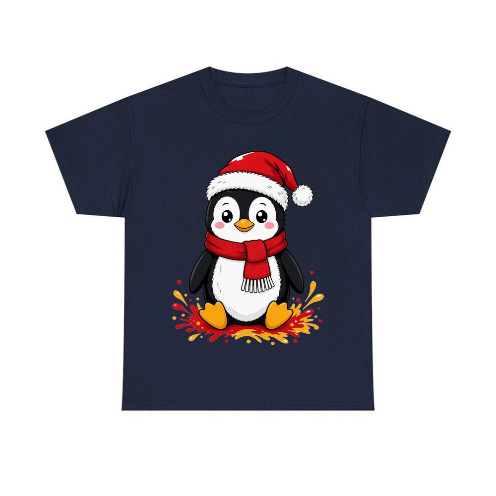 Baby Penguin in Santa Hat personalised Christmas T-shirt in navy