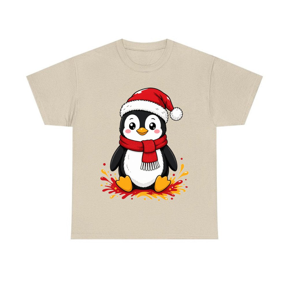 Baby Penguin in Santa Hat personalised Christmas T-shirt in sand