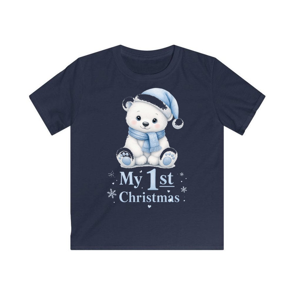 Baby Polar Bear First Christmas personalised kids Christmas tee in navy
