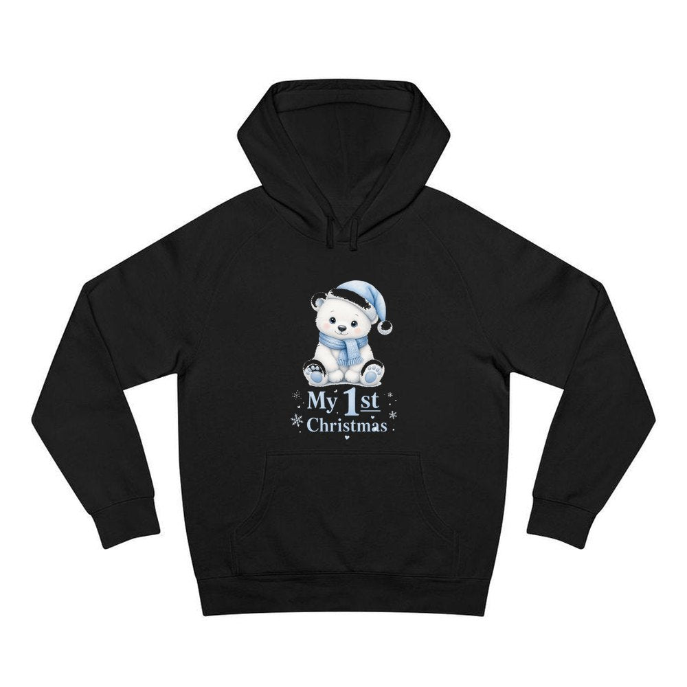 Baby Polar Bear First Christmas personalised Christmas hoodie in black