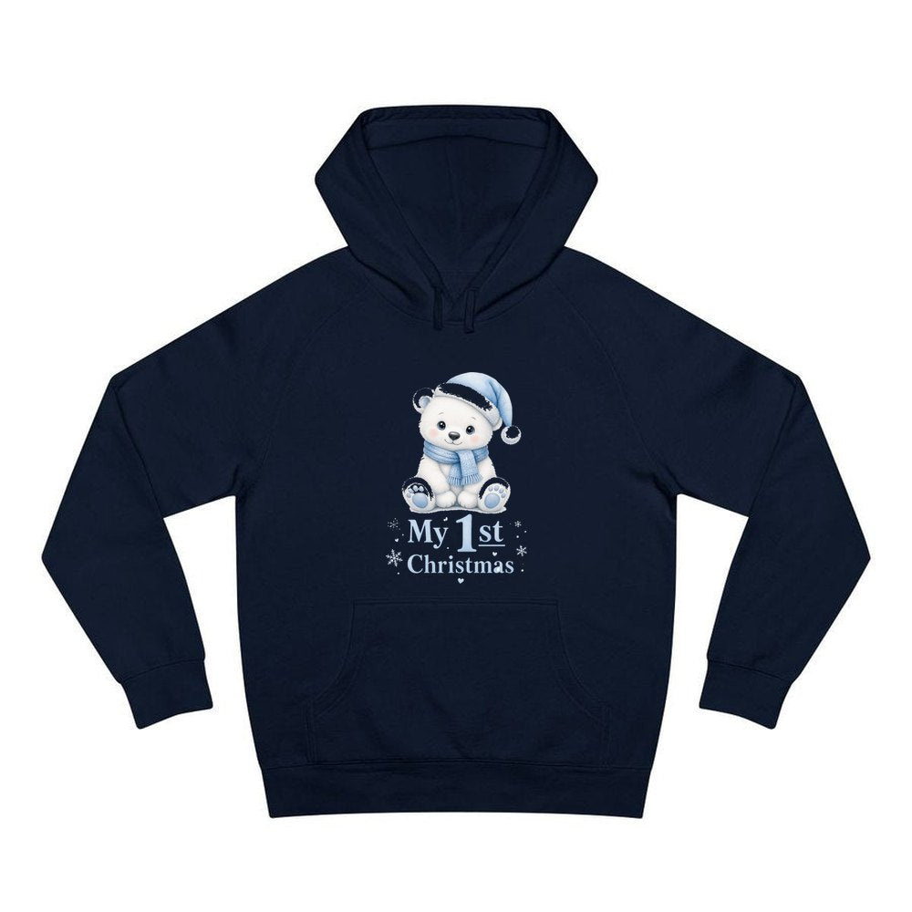 Baby Polar Bear First Christmas personalised Christmas hoodie in navy