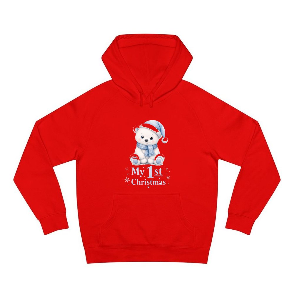 Baby Polar Bear First Christmas personalised Christmas hoodie in red