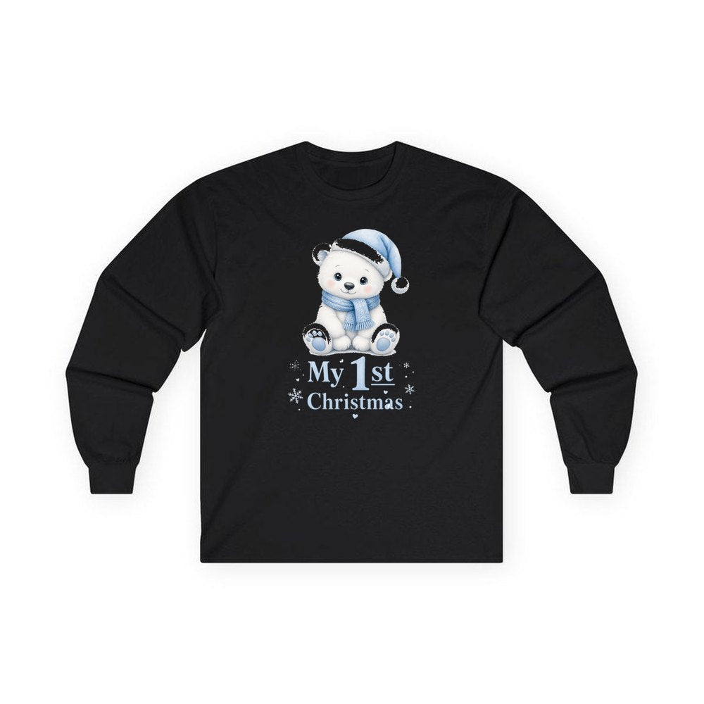 Baby Polar Bear First Christmas personalised long sleeve Christmas T-shirt in black