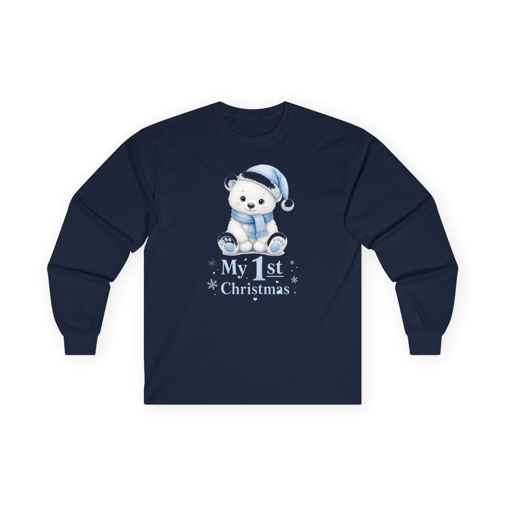 Baby Polar Bear First Christmas personalised long sleeve Christmas T-shirt in navy