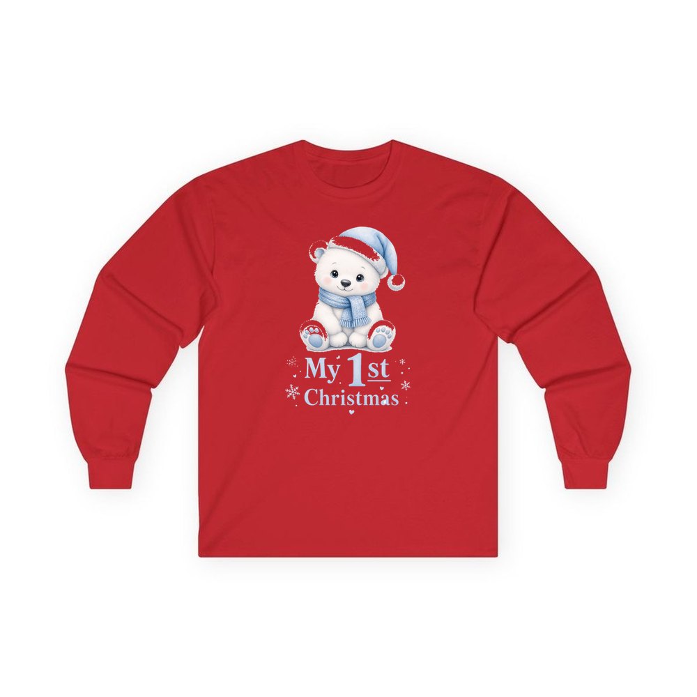 Baby Polar Bear First Christmas personalised long sleeve Christmas T-shirt in red