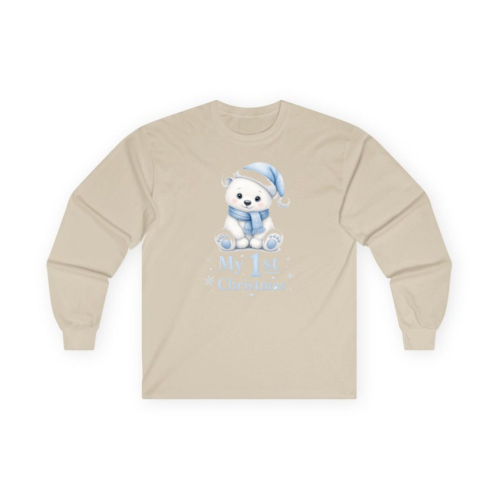 Baby Polar Bear First Christmas personalised long sleeve Christmas T-shirt in sand