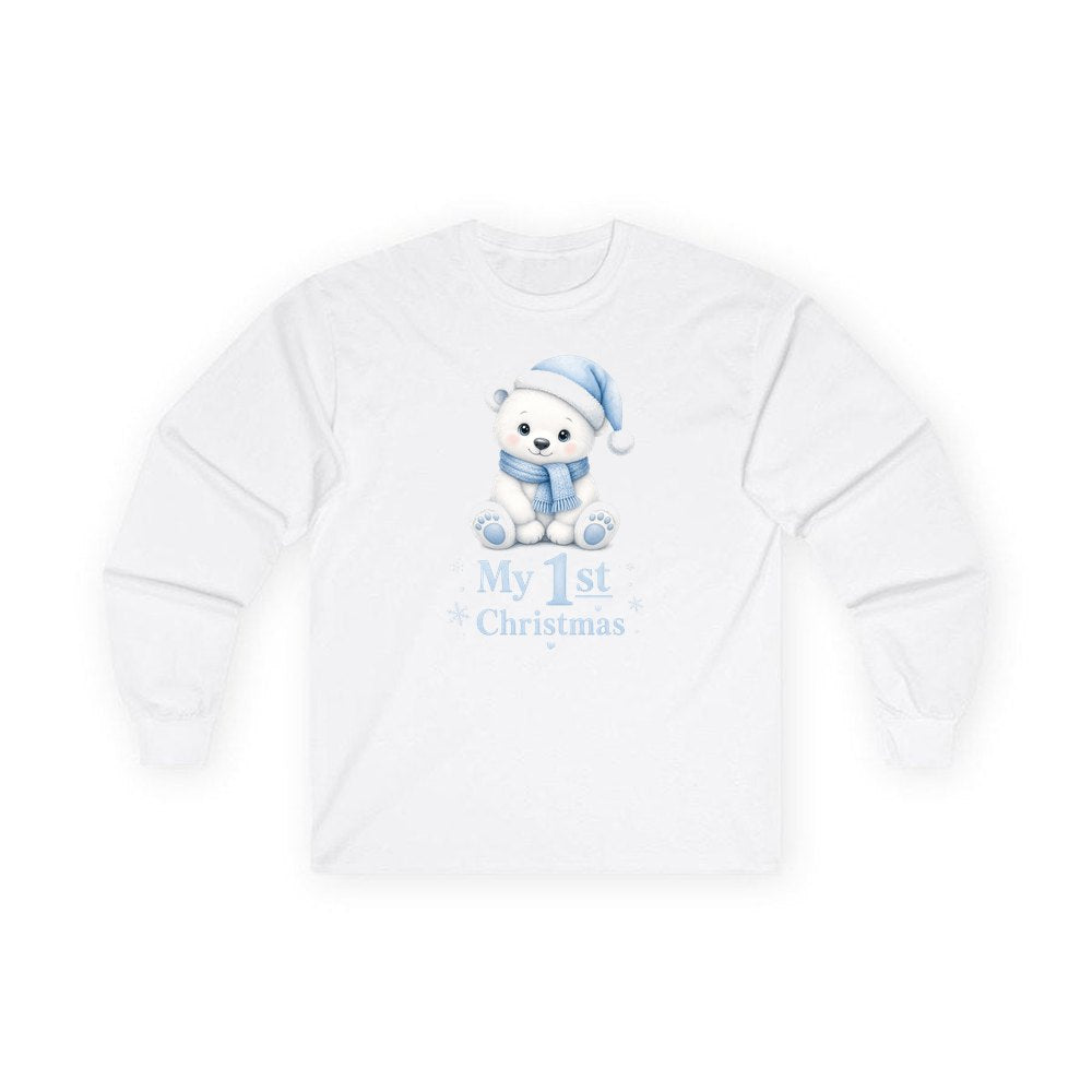 Baby Polar Bear First Christmas personalised long sleeve Christmas T-shirt in white