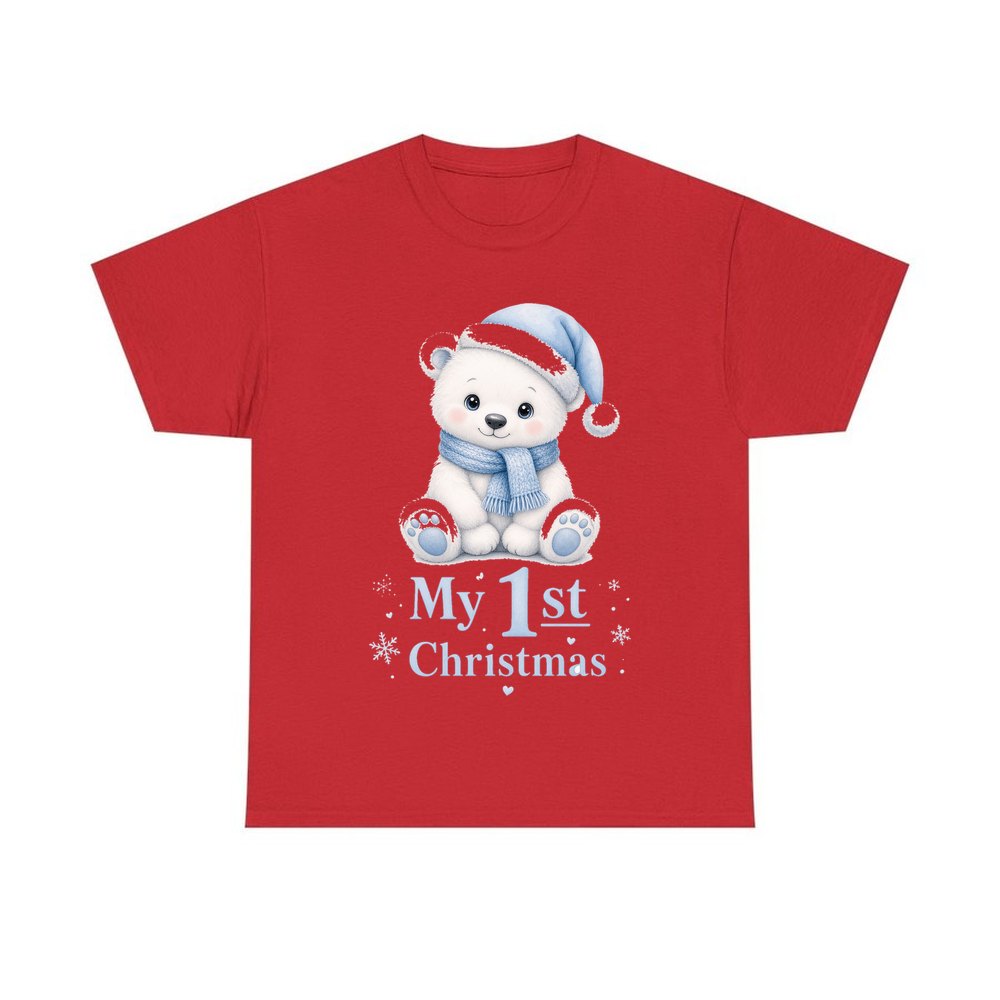 Baby Polar Bear First Christmas personalised Christmas T-shirt in red