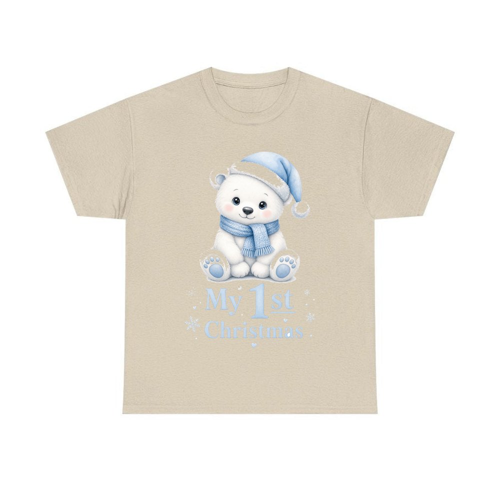 Baby Polar Bear First Christmas personalised Christmas T-shirt in sand