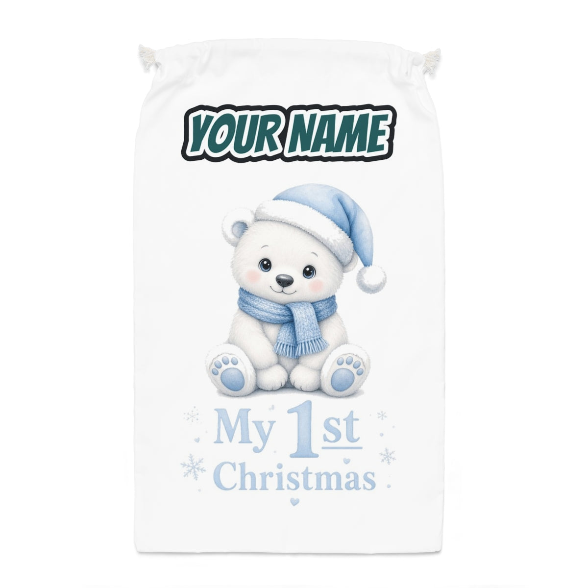 Baby Polar Bear First Christmas Santa sack laid flat, showing the full print