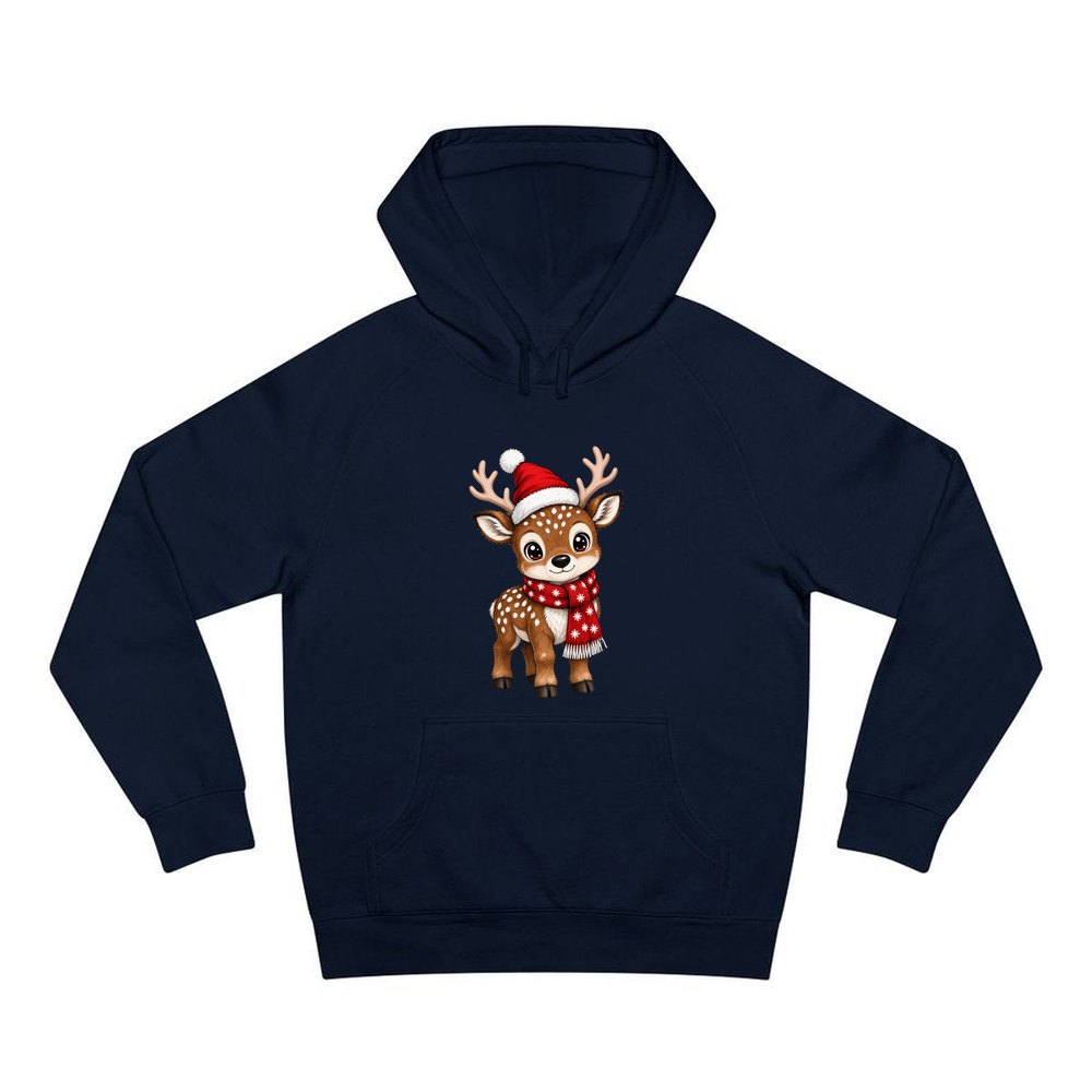 Baby Reindeer In Santa Hat personalised Christmas hoodie in navy