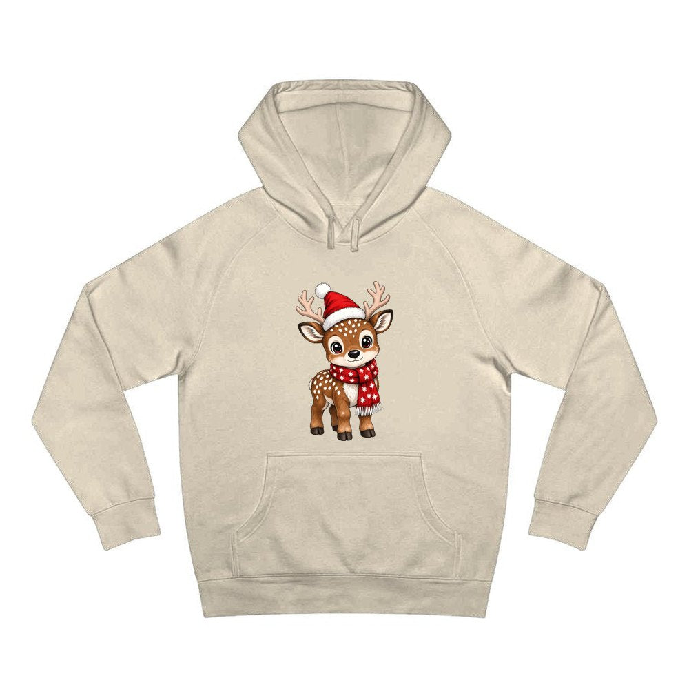 Baby Reindeer In Santa Hat personalised Christmas hoodie in sand