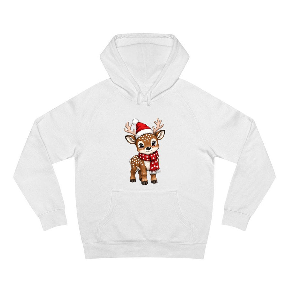 Baby Reindeer In Santa Hat personalised Christmas hoodie in white