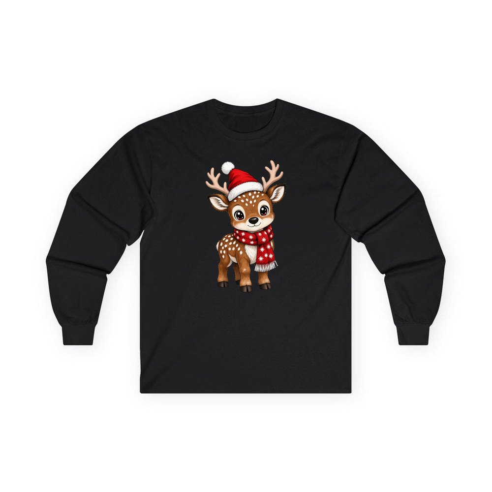 Baby Reindeer In Santa Hat personalised long sleeve Christmas T-shirt in black