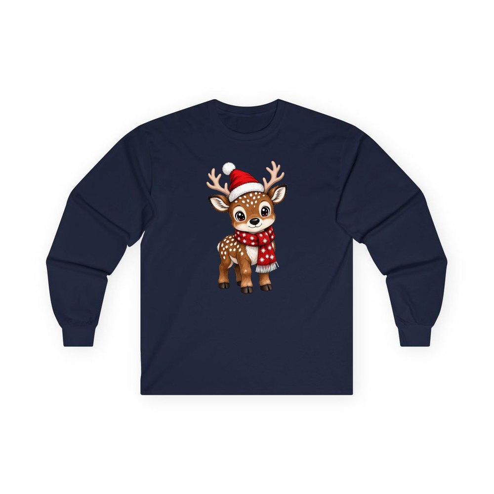 Baby Reindeer In Santa Hat personalised long sleeve Christmas T-shirt in navy