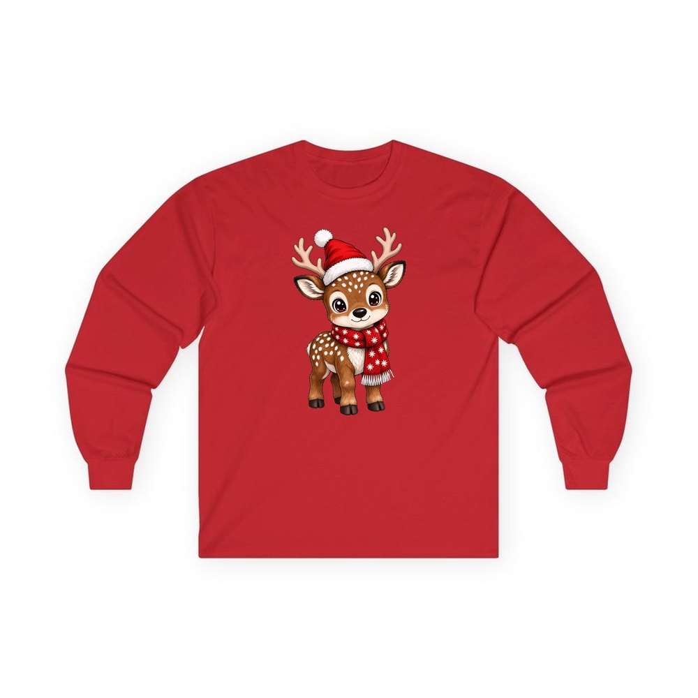 Baby Reindeer In Santa Hat personalised long sleeve Christmas T-shirt in red