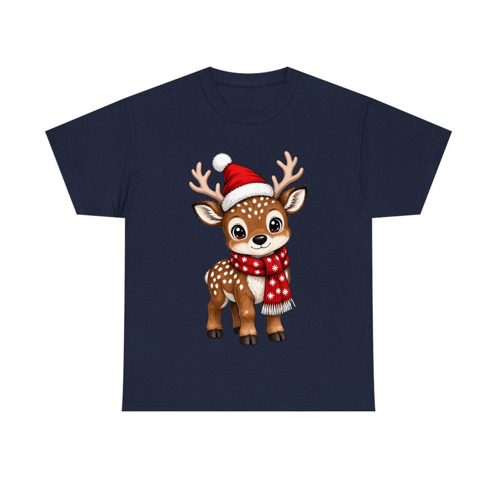 Baby Reindeer In Santa Hat personalised Christmas T-shirt in navy