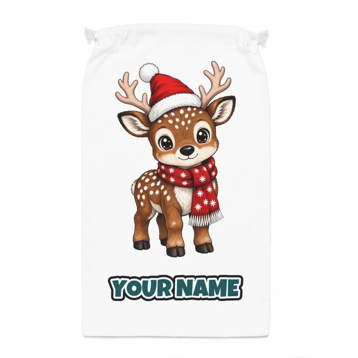 Baby Reindeer In Santa Hat Santa sack laid flat, showing the full print