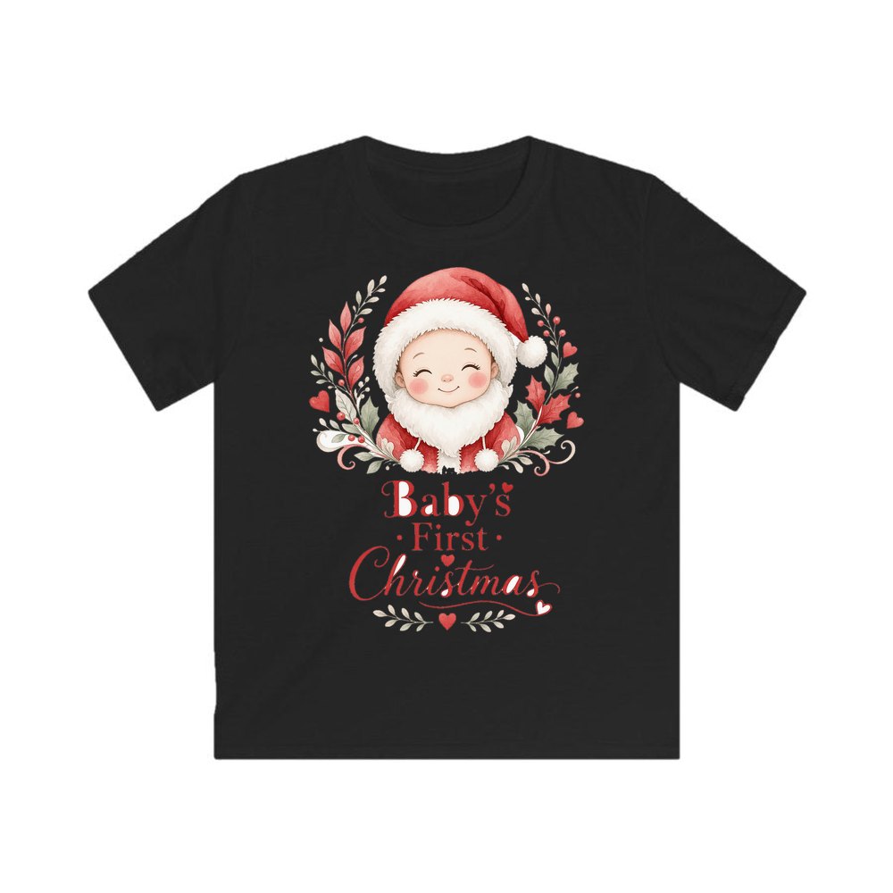 Baby Santa Wreath personalised kids Christmas tee in black