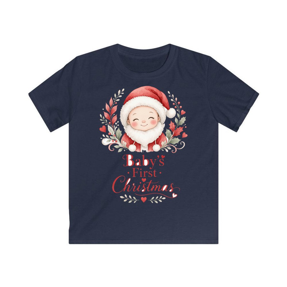 Baby Santa Wreath personalised kids Christmas tee in navy