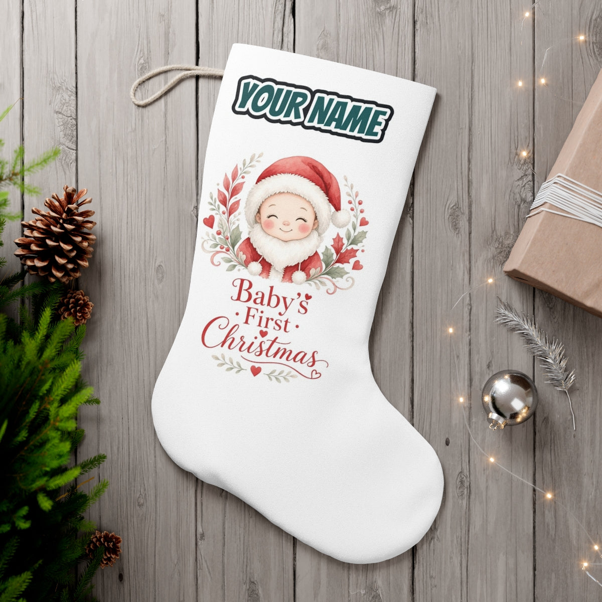 Baby Santa Wreath personalised Christmas stocking, white, with the name across the top