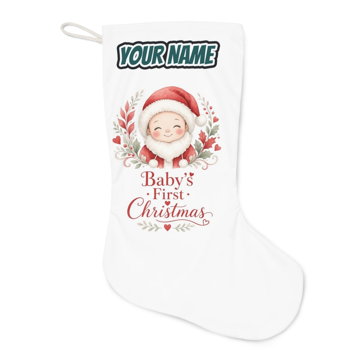 Baby Santa Wreath Christmas stocking laid flat, showing the full print