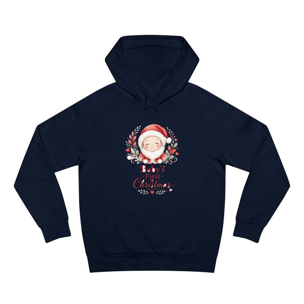 Baby Santa Wreath personalised Christmas hoodie in navy